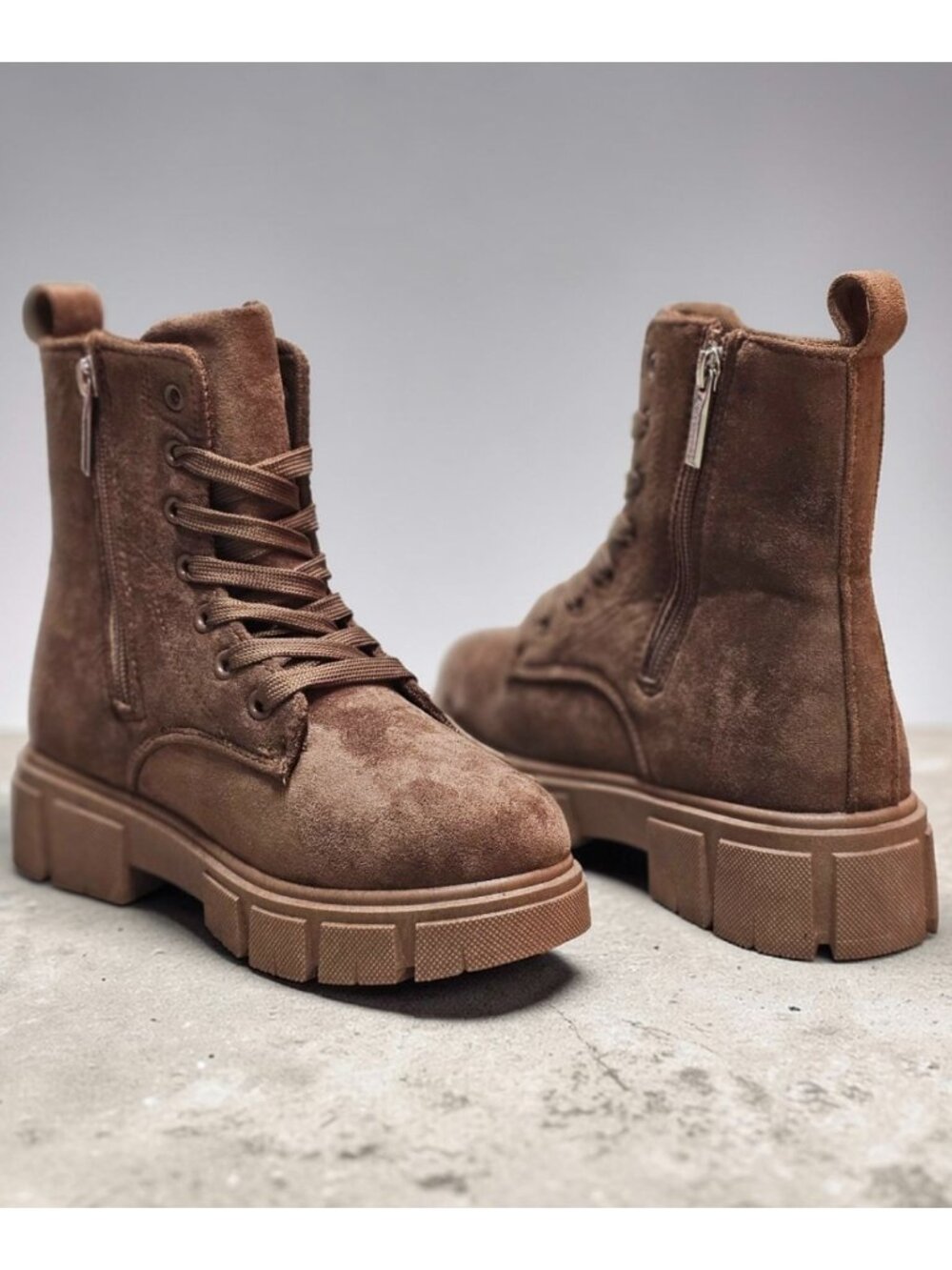 Nude Faux Suede Lace-Up Combat Boots With Side Zipper And Chunky Sole